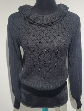 Mister Leonard Women's Vintage Ruffle Neck Beaded Sweater Medium Black